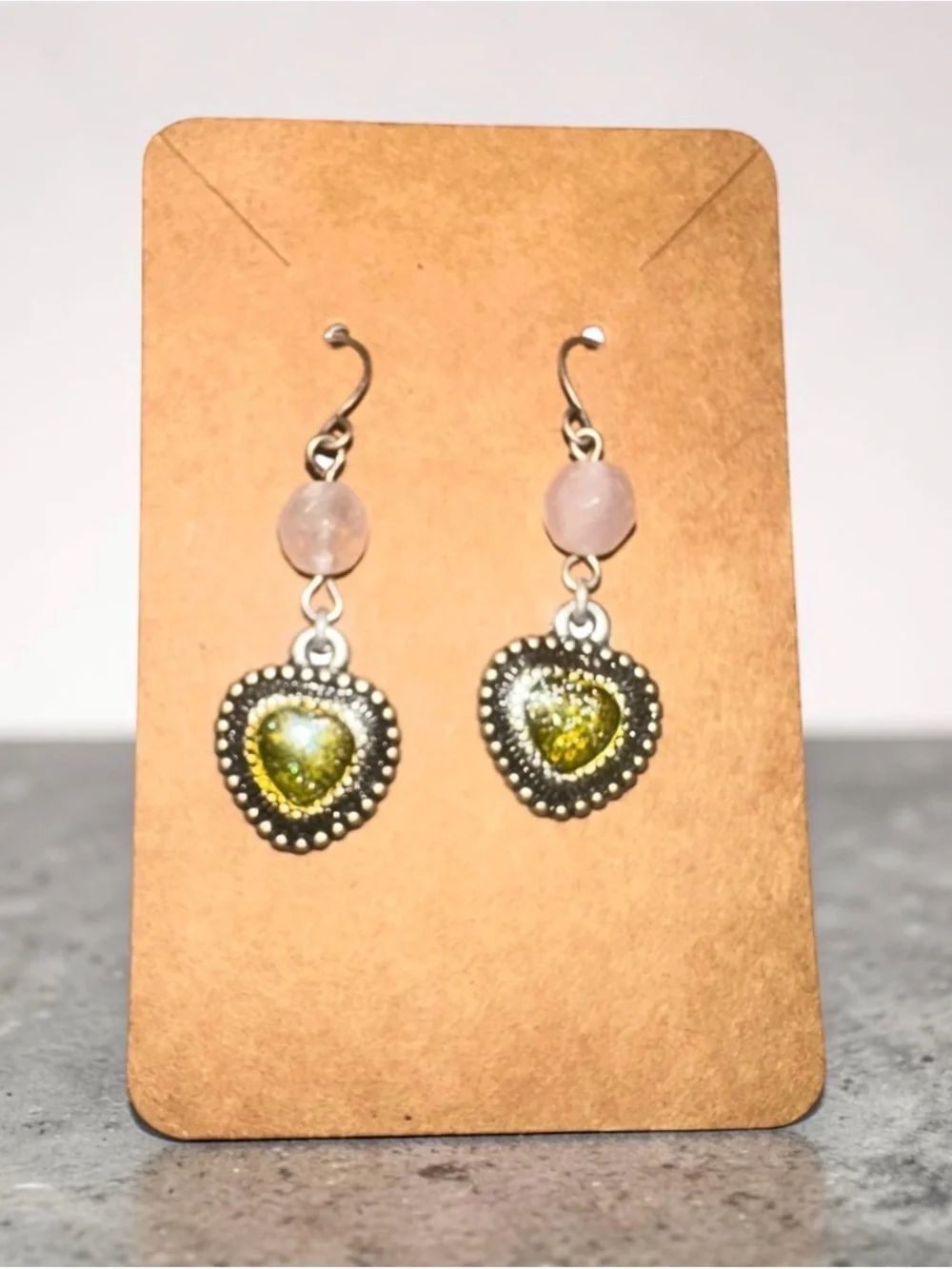 Silver tone  Heart Drop Earrings with Olive Green Center and Rose Quartz Beads